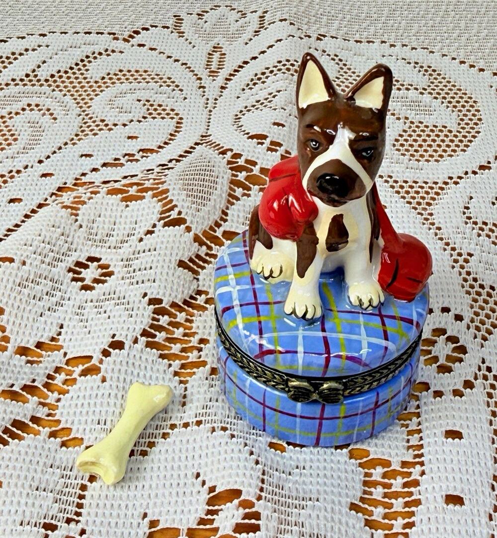 Dog Figurine Hinged Trinket Box w/ Bone Blue Plaid Red Scarf Collectible